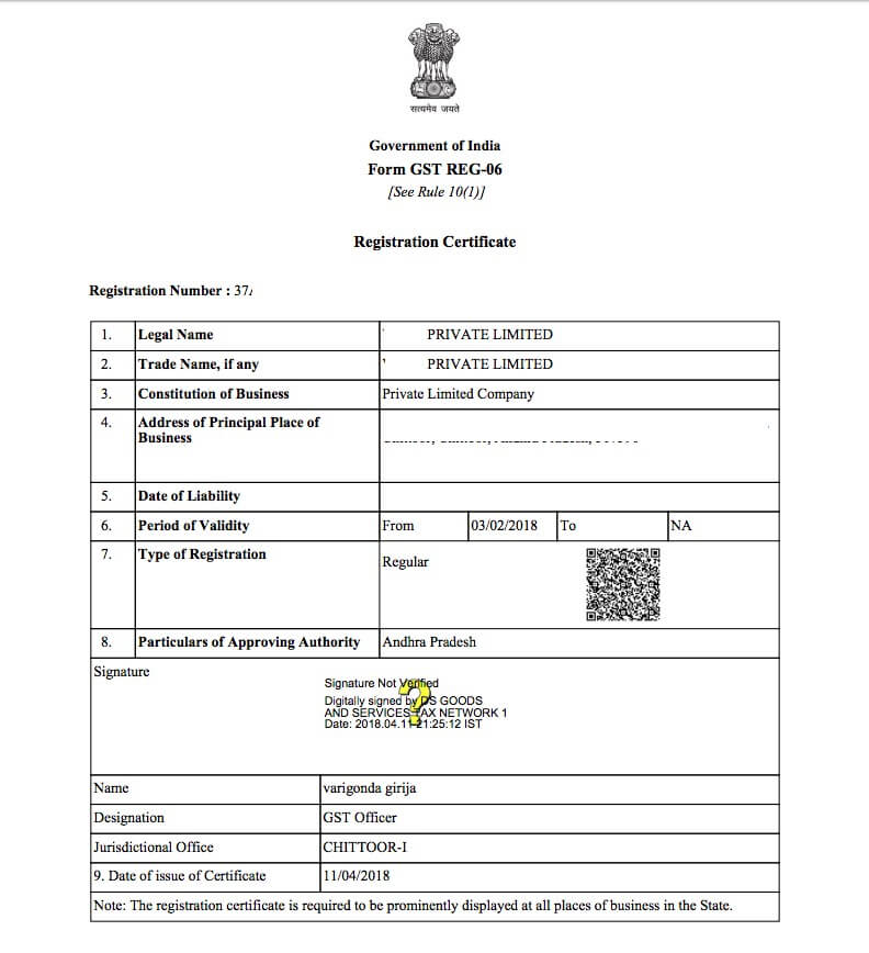 Sample GST Certificate